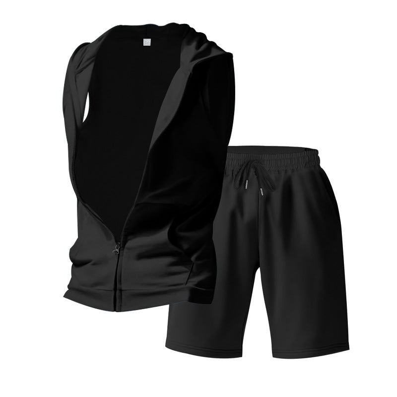 Men's Sleeveless Zipper Hoodie and Shorts Athletic Set