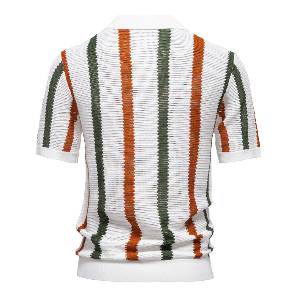 Men's Striped Knitted Polo Shirt with Collar