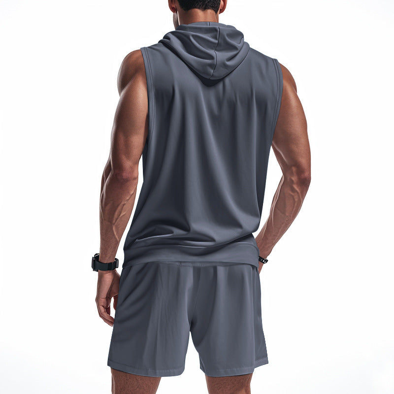 Men's Sleeveless Zipper Hoodie and Shorts Athletic Set