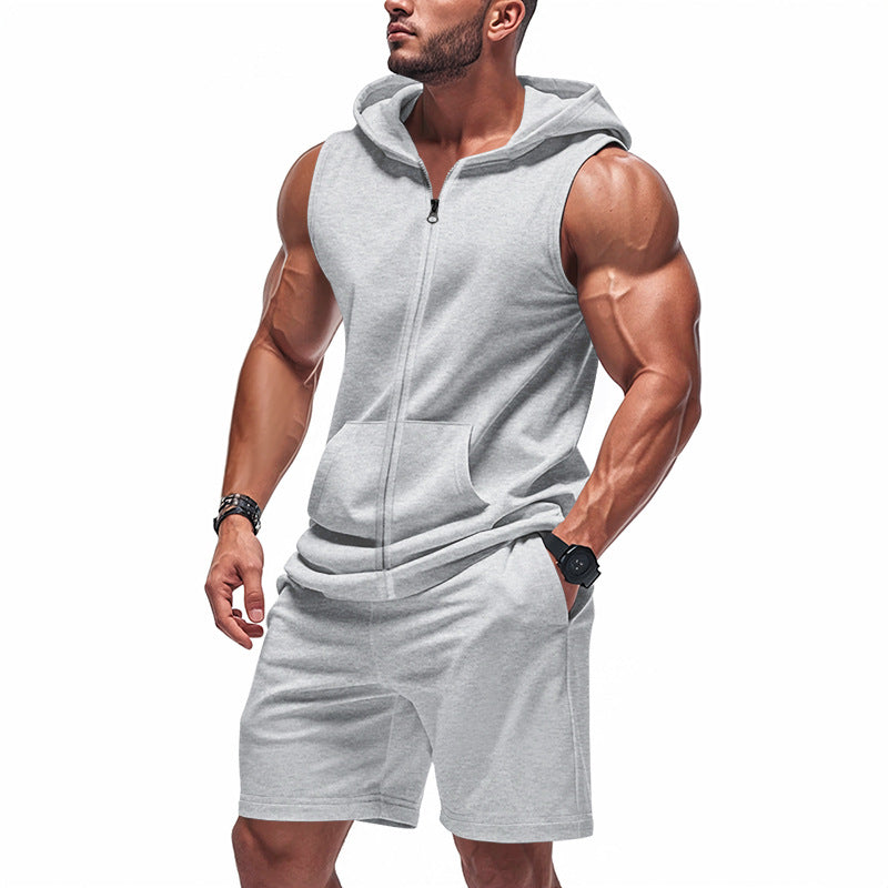 Men's Sleeveless Zipper Hoodie and Shorts Athletic Set