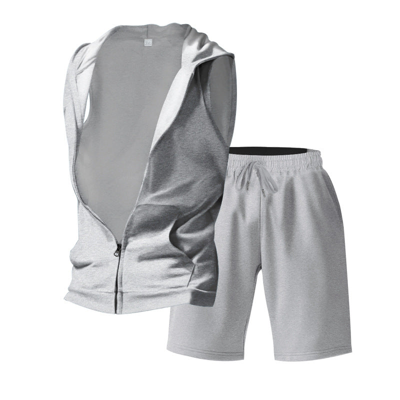 Men's Sleeveless Zipper Hoodie and Shorts Athletic Set