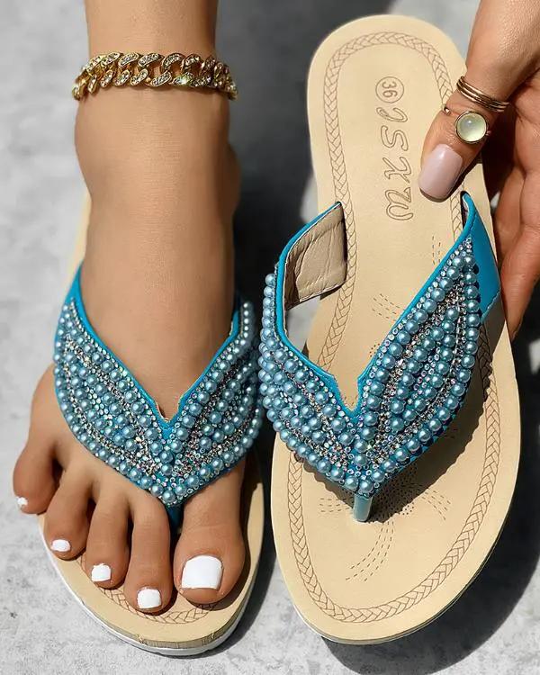 Handmade Rhinestone Beaded Leaf Pattern Summer Flip Flops