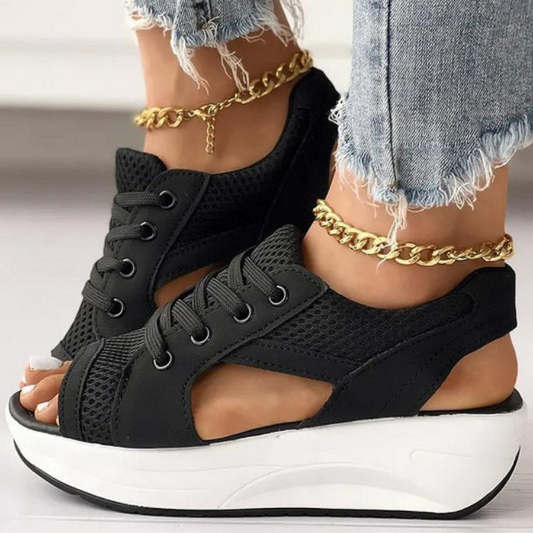 CONTRAST PANELED CUTOUT LACE-UP MUFFIN SANDALS