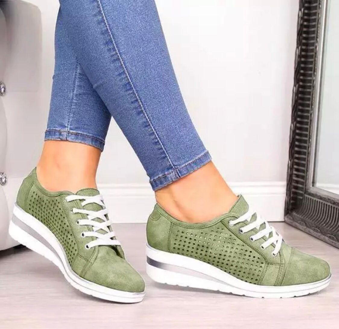 Comfortable wedge openwork breathable lace-up casual sneakers